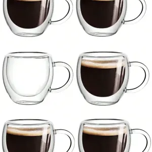 1-2-6 pcs double-walled espresso mugs with handles, glass mugs. 2.8 oz clear espresso mugs, insulated, heatproof, reusable. Suitable for tea, milk, latte, espresso. Unique birthday and Christmas gift.