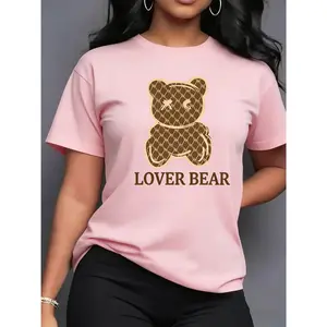 100% Cotton, Women's Short Sleeve T-Shirt - Black Geometric Pattern Teddy Bear and LOVER BEAR Print, Breathable Cotton Fabric, Loose Round Neck Suitable for Gym, Training, and Casual Wear - Machine Washable