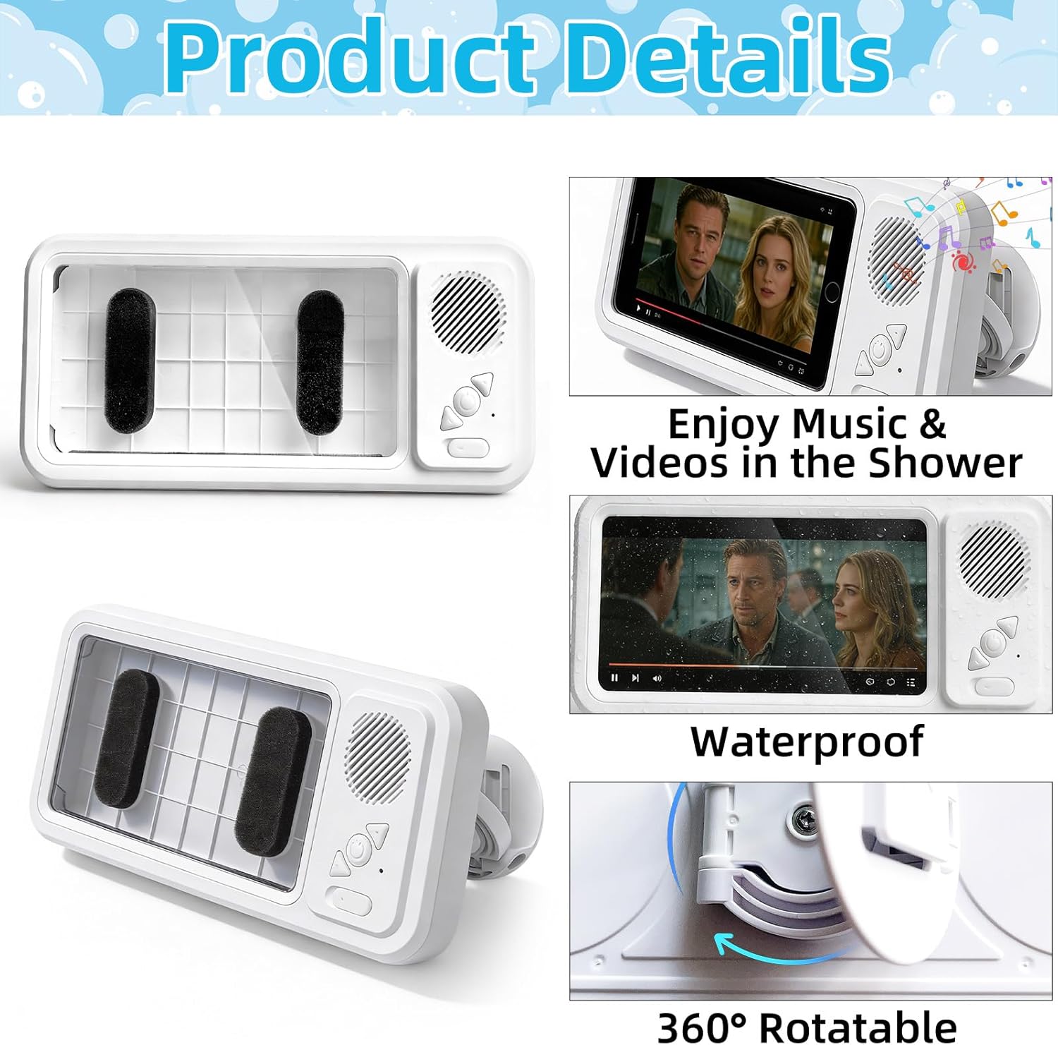 2-in-1 Waterproof Shower Phone Holder with Bluetooth Speaker, 360° Rotation Anti-Fog Touch Screen Wall Mount Case, Bathroom Phone Box for Music & Movies, Fits All Smartphones 2-in-1 Waterproof Shower Phone Holder with Bluetooth Speaker, 360° Rotation Anti-Fog Touch Screen Wall Mount Case, Bathroom Phone Box for Music & Movies, Fits All Smartphones
