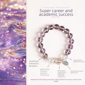 [Wisdom Success] crystal bracelet, amethyst white crystal black gold super seven green phantom, unisex, daily wear gift, 10mm beads natural stone silver accents, wisdom success courage symbol