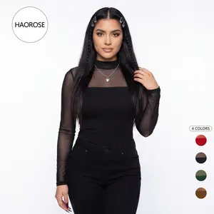 HAOROSE Women's Contour Long Sleeve Mesh Body Sculpting Top Premium Seamless Leotard for Evening Wear Trendy Outfits Breathable Comfortable Versatile Stylish Design Shirts in Polyester & Elastane Smooth Blouses Elegance