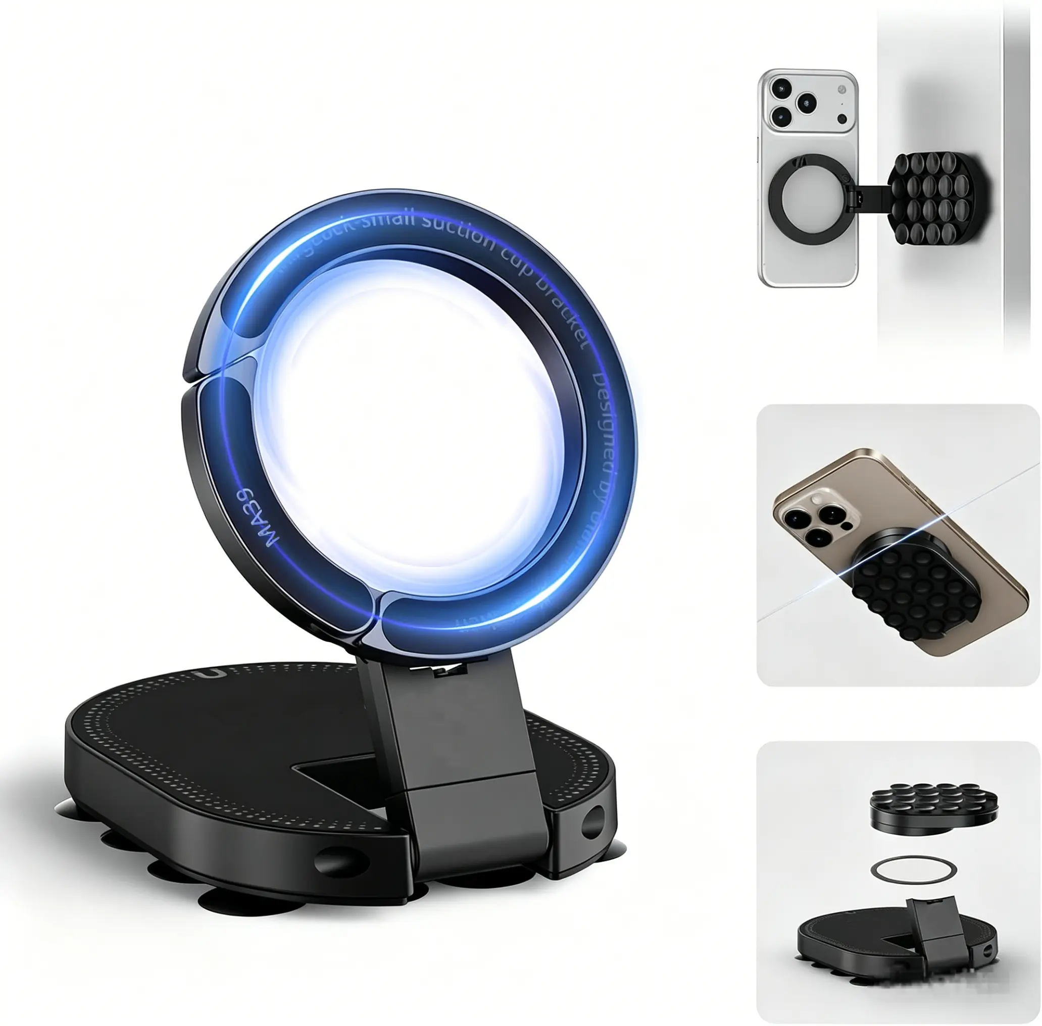 Magnetic Phone Holder, 3-in-1 Suction Mount Desktop Stand with 360° Rotation, 18 Suction Cups, Compatible with MagSafe, for Car Dashboard, Gym, Kitchen, Black (Black)
