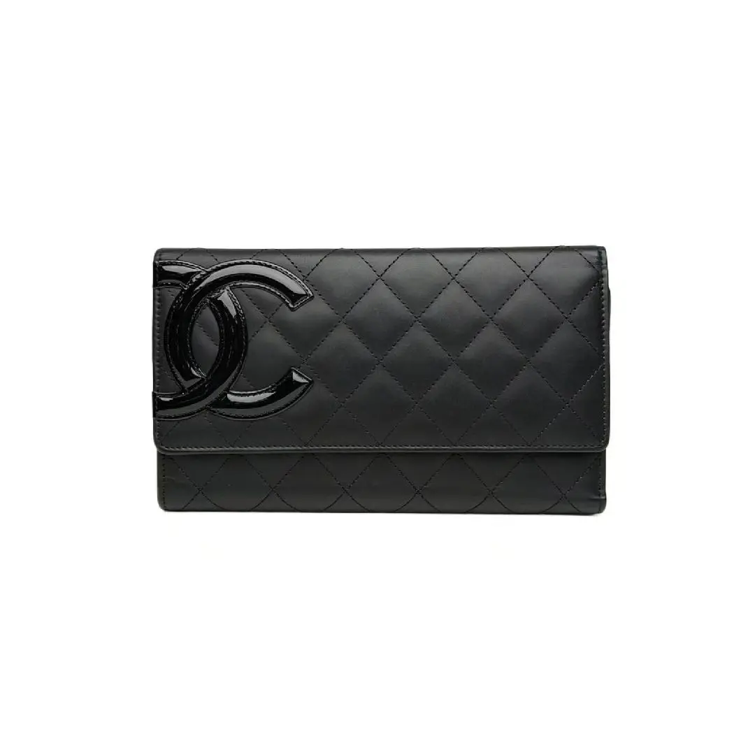 Pre-owned CHANEL Lambskin Clutches & Wristlets CAMBON black quilted wallet with silver hardware 18 open