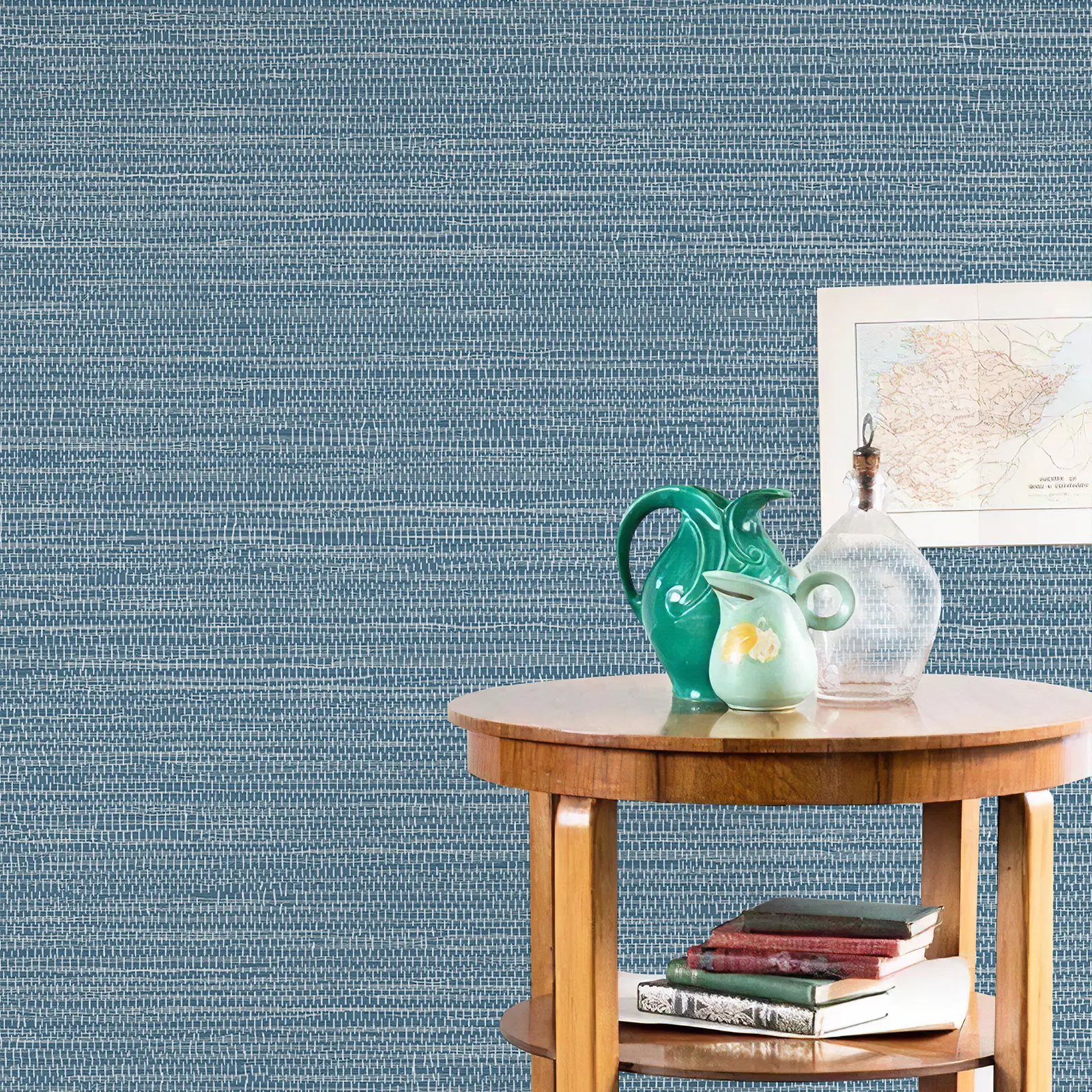 Blue Grasscloth Peel and Stick Wallpaper, Woven Linen Texture Self Adhesive Wall Covering for Bedroom, Living Room, Office, Cabinets and Coastal Accent Wall Decor