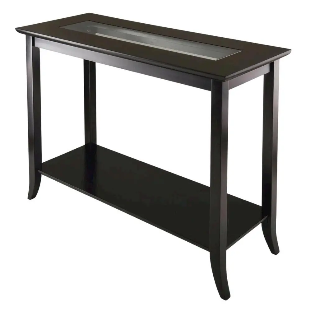 Dark Espresso Rectangular Console Table - Glass Shelf for Computer Workstations
