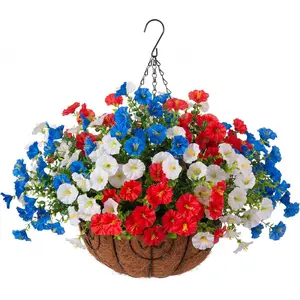 July 4th UV Resistant Artificial Hanging Basket, Realistic Morning Glory & Eucalyptus for Outdoor Patio, Garden, Porch, Balcony & Yard Decor, Garden Accessories