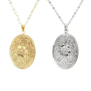 Fashion Flower Carved Pendant Necklaces Alloy DIY Photo Locket Oval Openable Keepsake Collar