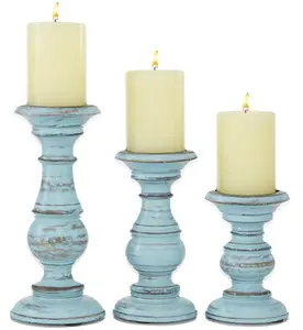 Traditional and Timeless Mango Wood Pillar Candle Holder Set of 3, 6in, 8in, 10inH, Light Blue Finish