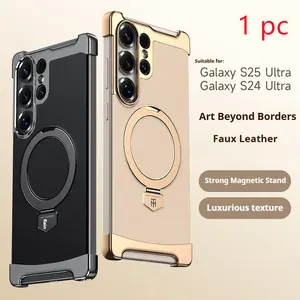 Luxury Synthetic Leather Magnetic Phone Case for Samsung Galaxy S26 Ultra S25 Ultra S24 Ultra, Wireless Charging, Metal Stand, Car Magnet, Shockproof