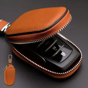 Car Key Case, Genuine Leather Auto Smart Key Fob Holder with Metal Hook, Anti Scratch Automotive Key Protector Key Chain Zipper Bag for Remote Key Fob, Car Accessories