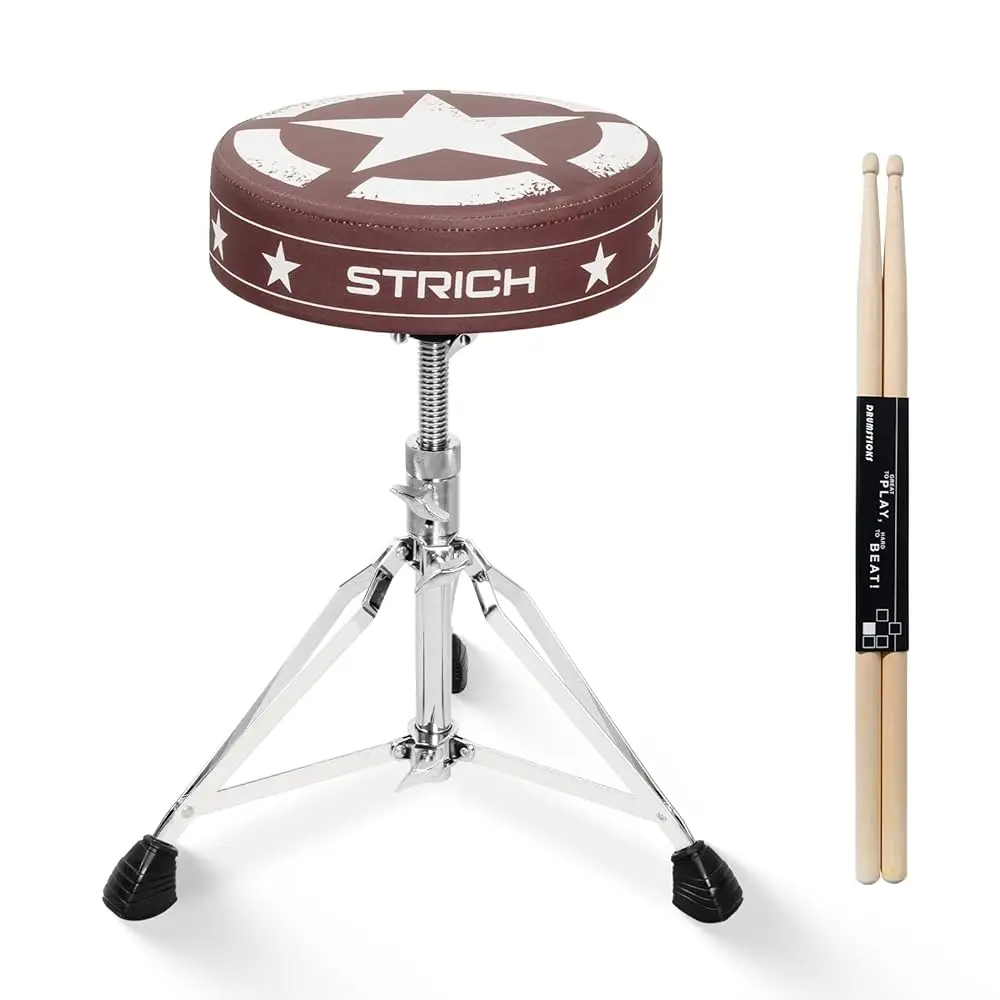 STRICH Drum Throne, Height Adjustable Padded Seat Drum Stool, Heavy Duty Swivel Drum Chair, Modern Elegant Edgy Graphic,Double Braced Padded Stool with 5A Drumsticks, SDB-20P, Brown