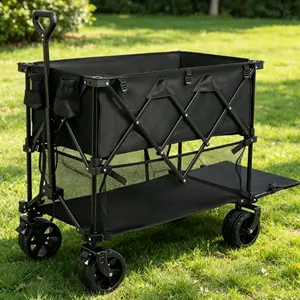 Heavy Duty Foldable Cart with Wheels - 440lb Capacity Double Decker Collapsible Foldable Wagon, 320L Large Volume Folding Trolley with Adjustable Handle, Big All-Terrain Wheels, Brakes for Camping, Garden, Grocery