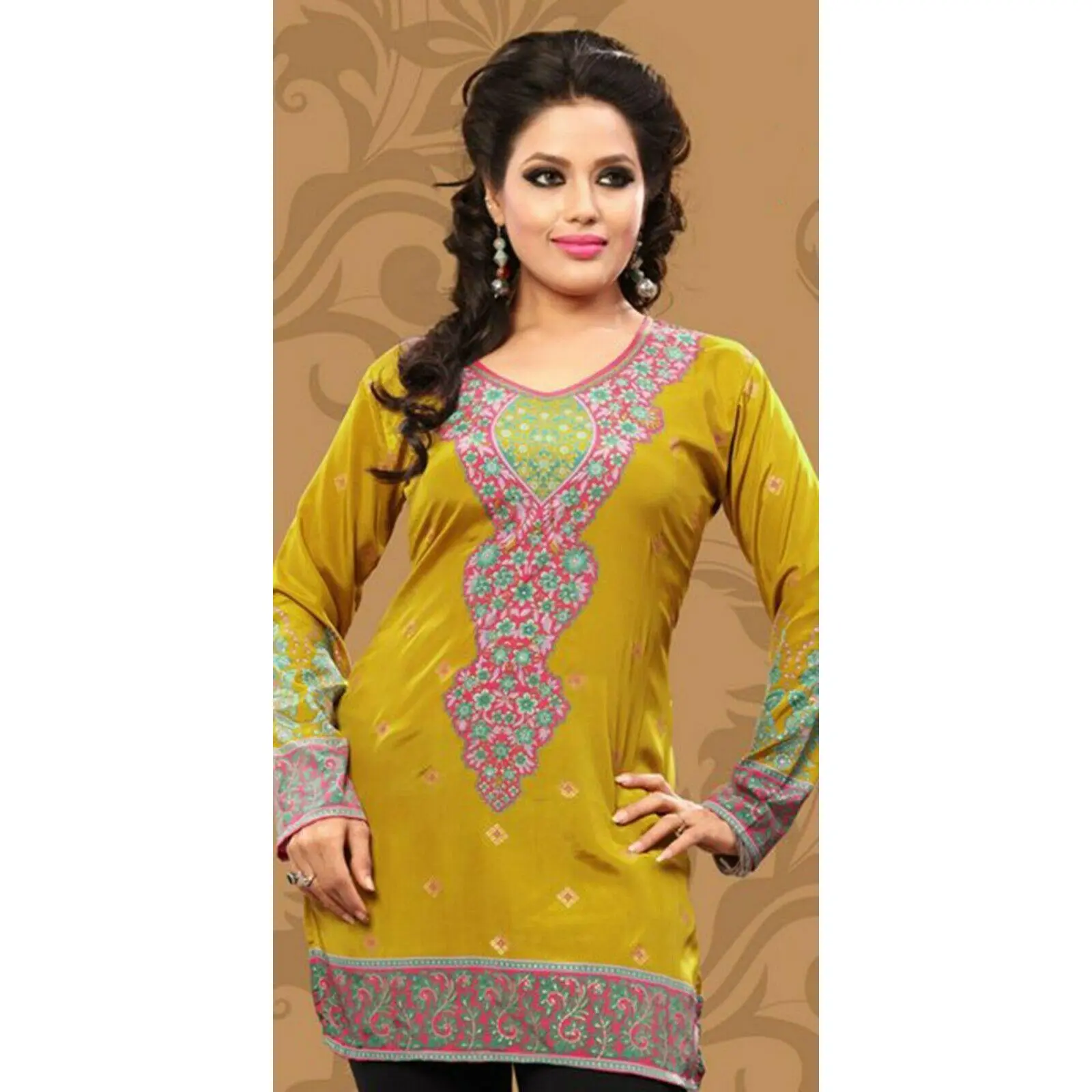 Women’s Printed Long Sleeves Crepe Kurti Tunic tops with Gold Foil - 1904-L