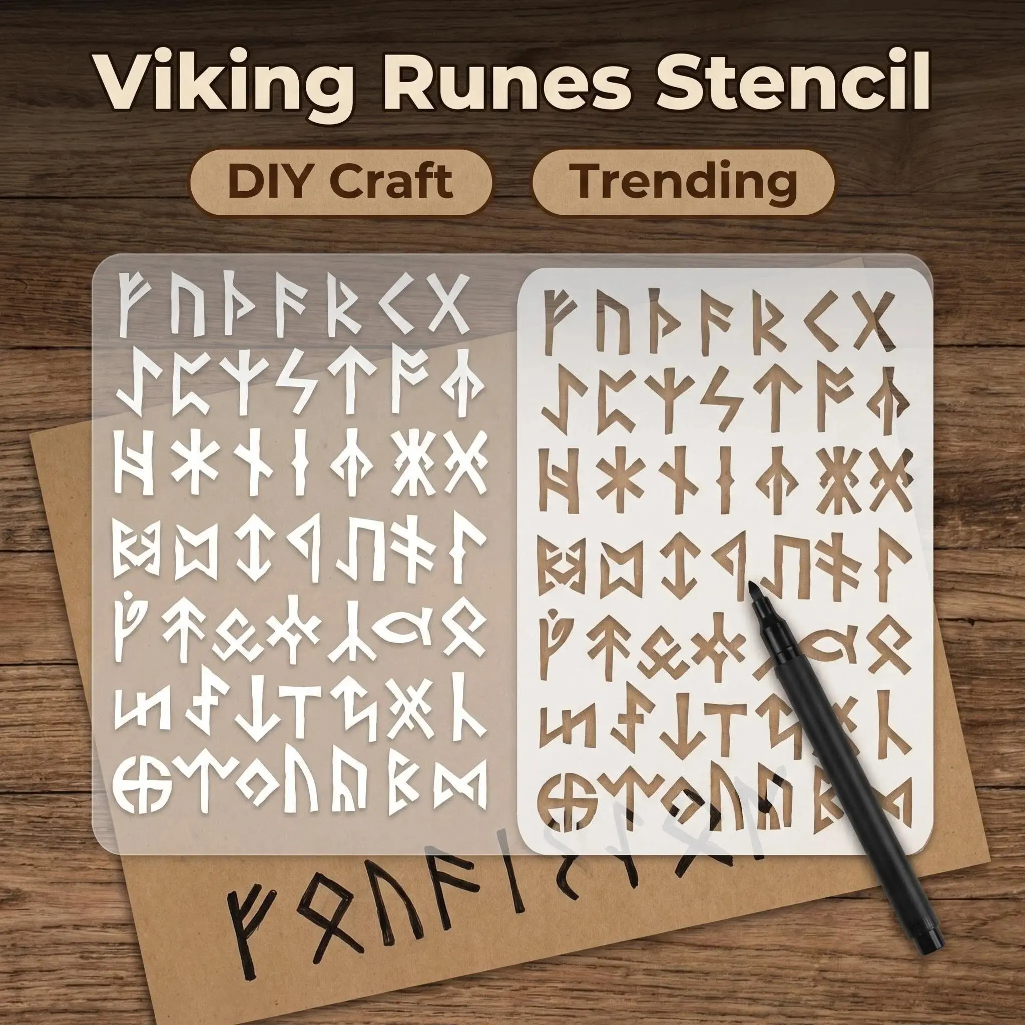 Viking Rune Stencil Template 8.3x11.7 Inches, Reusable Ancient Letter Stencil, Viking Theme Craft Template for Wall Furniture Painting DIY Decor