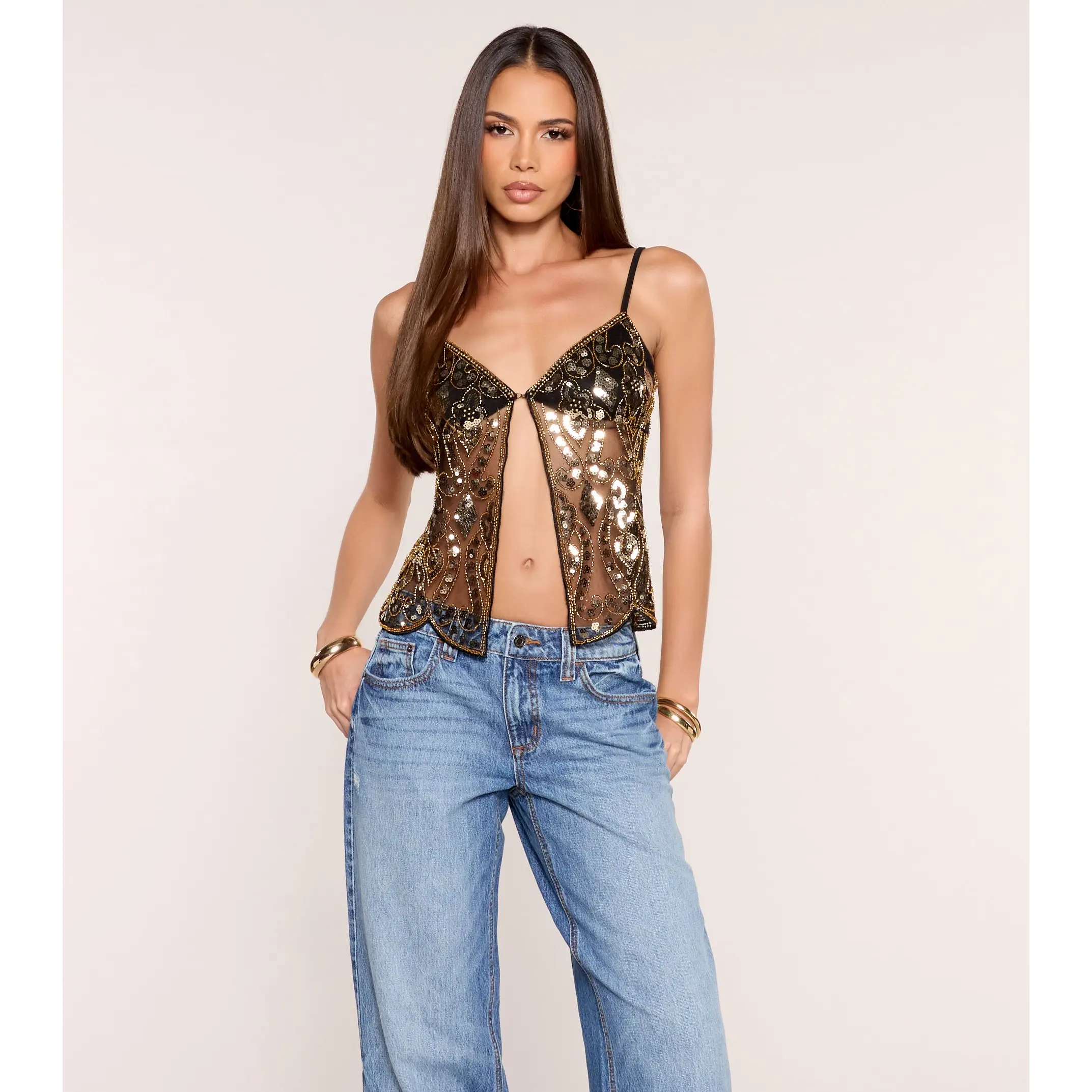 Light Catcher Sequin Beaded Mesh Cami Top