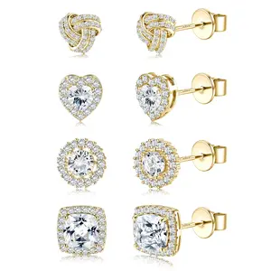 PeregrinaX 4 Pirs S925 Sterling Silver Post Earrings for Women 14K Gold Plated 5A+ CZ Diamond Stud Earring for Girls