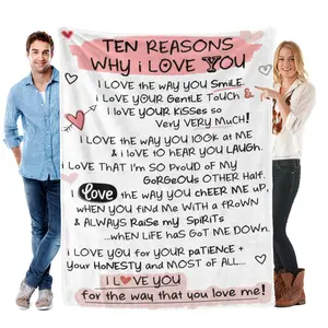 Ten Reasons Why I Love You Romantic Quote Flannel Blanket – Soft Cozy Valentine’s Day Gift Throw with Heartwarming Message Design, Perfect for Gifting to Your Partner, Snuggling Warmly, or Adding Sweet Devoted Charm to Any Space