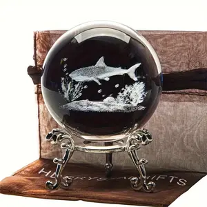3D Ocean Shark Crystal Ball with Metal Base, 2.3 Inch Handmade Underwater Scene Glass Ornament, Vintage Style, Perfect Gift