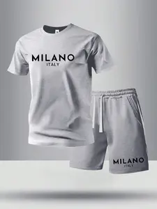 Men’s summer regular-fit cotton short-sleeve T-shirt and shorts set featuring Milan letter print. Fashionable casual menswear for going out, with a pocketed athletic design and elastic drawstring waist. Suitable for running, golf, fishing, basketball, cam