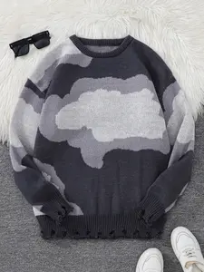 Men's Casual Round Neck Knit Sweater, New Fashion Autumn Winter Cloud Jacquard Pullover, Hole Design, Long Sleeve, Fall & Winter Wear
