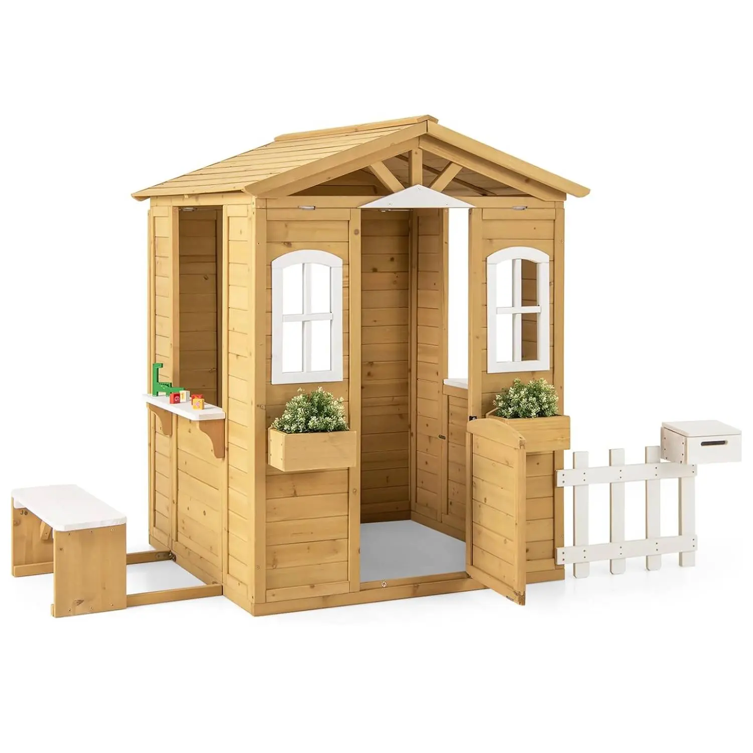 Costzon Kids Outdoor Play Cottage Playhouse, Outdoor Garden Structure with Picnic Bench, Half Door, Windows, Mailbox, Fence, Flowerpot Holders, for Backyard, Lawn, Gift for Ages 3+ (Toys & Hobbies)