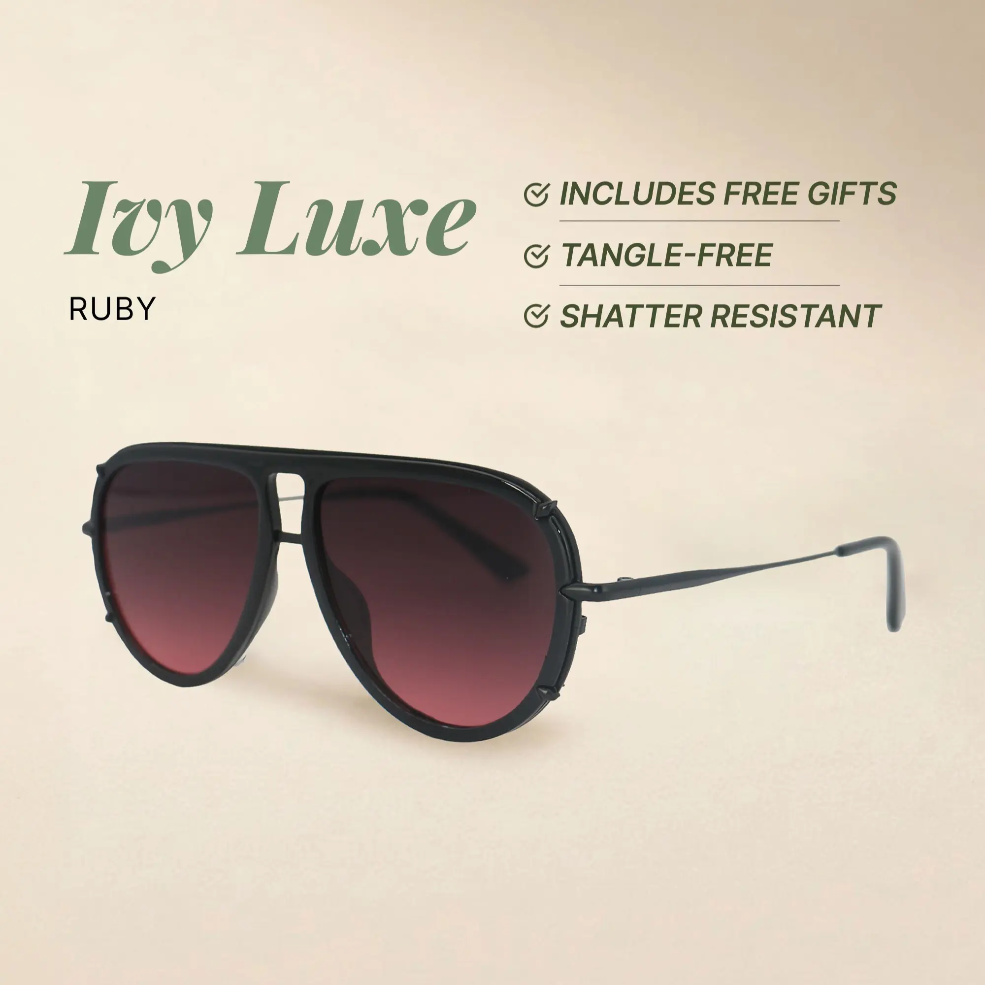 Ivy Luxe - Ruby - Tangle Free Round Aviator Sunglasses - Certified Shatter-Resistant Lenses - UV400 - For Women & Men