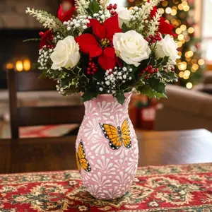 Handmade Pink Talavera Vase With Butterfly Print for Elegant Home Decor and Floral Arrangements