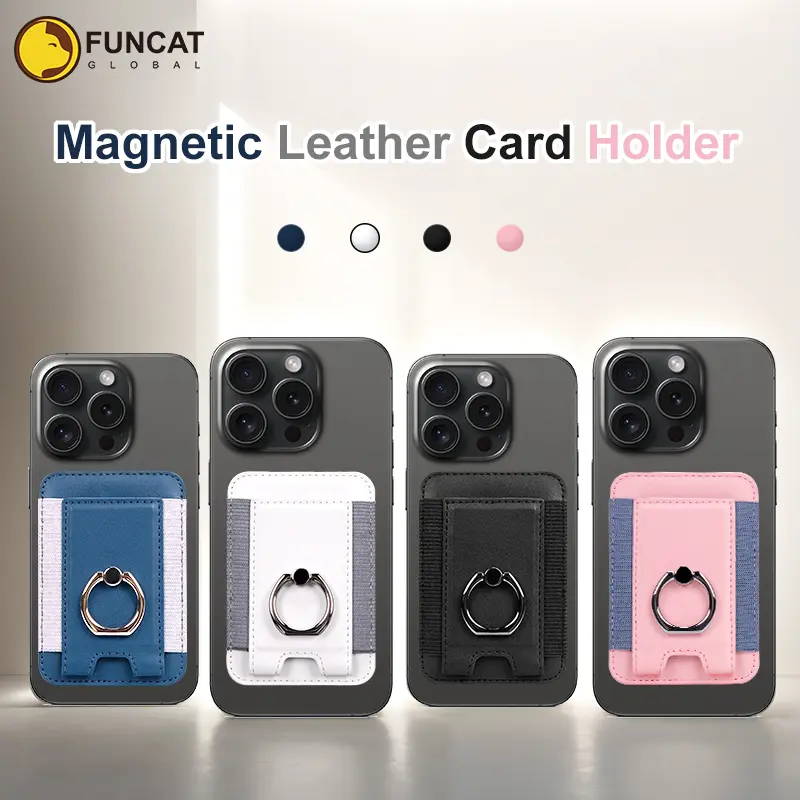 FUNCAT GLOBAL Magnetic Card holder.  Fit iPhone 12/13/14/15/16, Leather Card Case. Ring design: Can be use as Phone Stand.