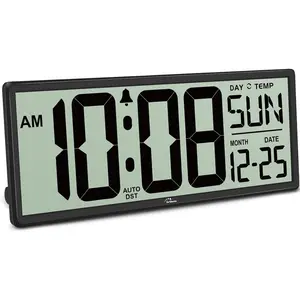 14.5'' Large Digital Wall Clock Battery Operated with Jumbo Numbers, Temperature and Date - Easy to Read and Set, Auto DST
