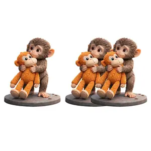 3D Printed Monkey Figurine Set of 2 Cute Small Monkey Holding Plush Toy Statue Collectible Ornament for Home Office Living Room Table Decoration