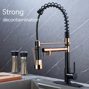 Kitchen faucet with pull-down spray, single handle double outlet commercial kitchen sink faucet, solid copper body, compatible with deck 1 or 3 holes