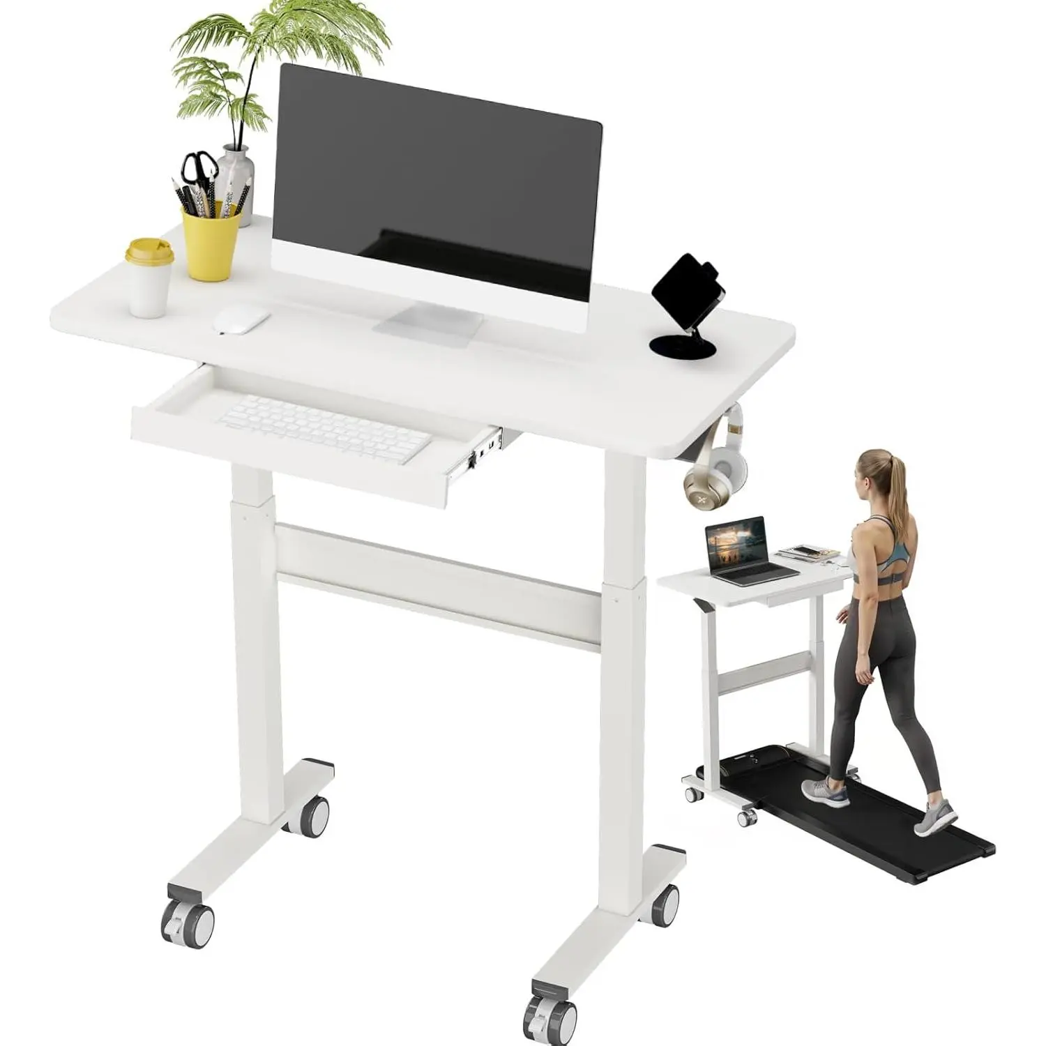 Standing Desk for Walking Pad with Wheels, Pneumatic Cordless Height Adjustable Rolling Desk, Mobile  Workstation with Drawer Hook Locking Casters for Treadmill &  Office, White