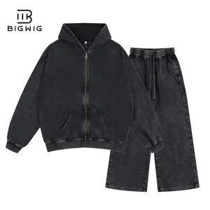 BIGWIG Loose Sports Suits for Men and Women, Classic Washed and Distressed Sweatshirts and Sweatpants, 100% Cotton, Daily Travel Wear, Sports Casual Wear, Cardigan Jackets