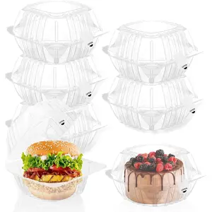 100 Pack 6 x 6 Inch Clear Clamshell Disposable Plastic Hinged Food Containers With Lids For Dessert Cake Salad Bakery Supplies With Sealing Sticker