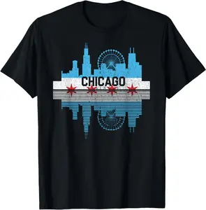 100%cotton Vintage Chicago Illinois Flag Skyline Men Women T-Shirt