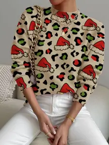 Women's Christmas Leopard Print Stand Collar Sweater, Fall Winter Casual Long Sleeve Knitwear, Comfortable Warm Daily Wear