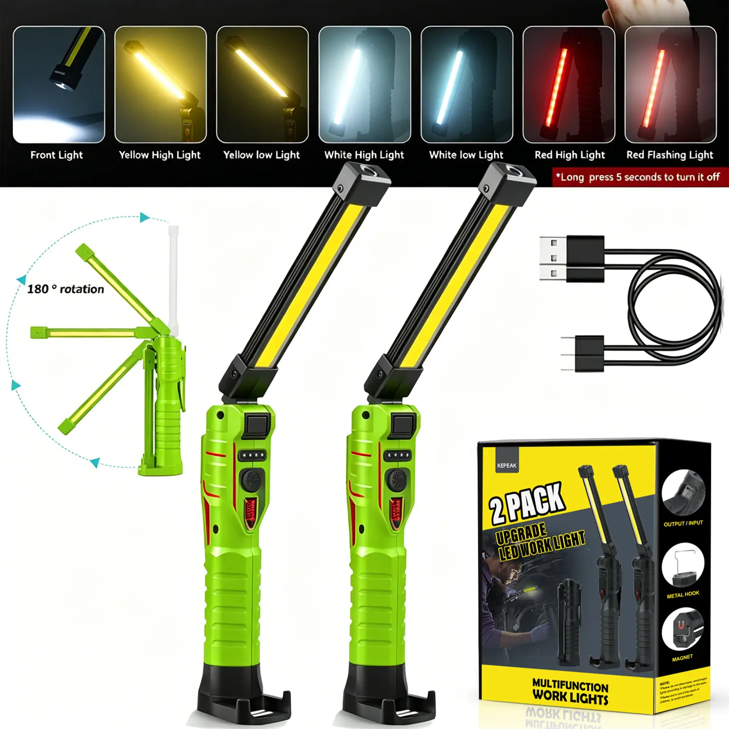 LED Rechargeable Work Lights, Flashlight Hand Tools Mens Dad Birthday Gift Magnetic Worklight,360°Rotate 5 Modes Portable Inspection Torch for Mechanics,Automotive,Camping,Emergency (2 Pack)