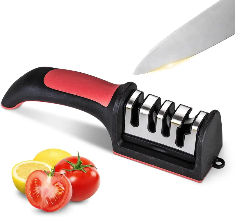 Professional 4-in-1 Knife Sharpener with Tungsten Steel & Ceramic Slots, Manual Sharpener for Chef Knives, Scissors & Straight Edge Blades - Home Kitchen Tool
