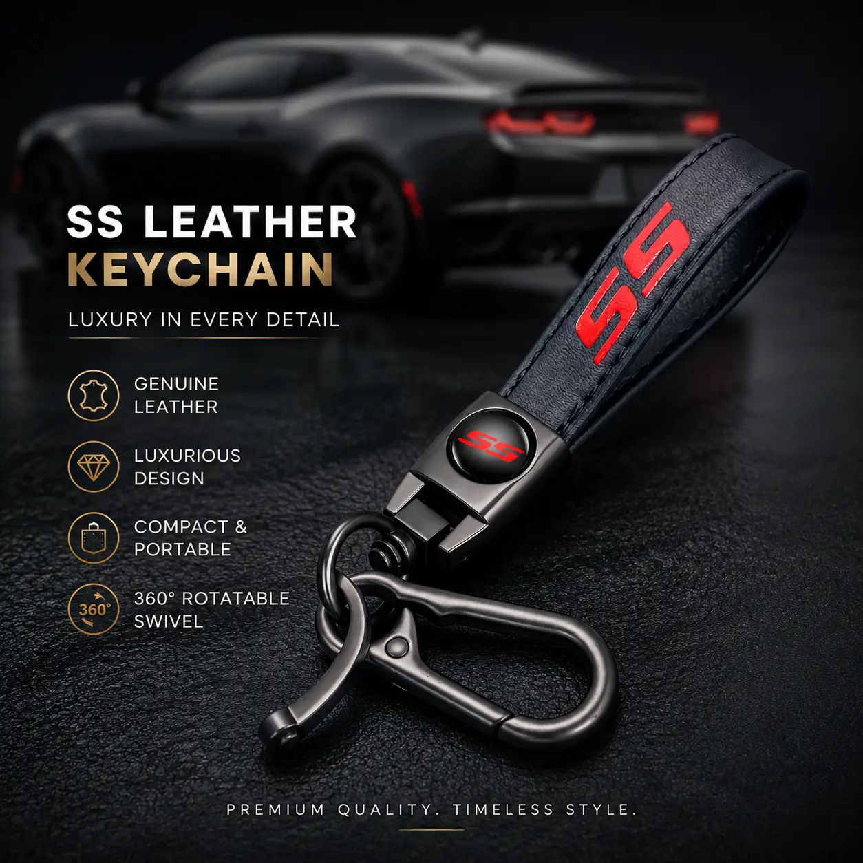 Durable Classic Luxury Genuine Leather-Metal Keychain with Soft Silicone Protection Case, Chevy Malibu Impala Camaro SS Premium Car Accessory, Ideal Birthday Business Family Gift