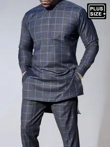 Plus Size Men's Dashiki Set, Plaid Printed, Long Sleeve, Elastic Waist Pants, African Fashion, 2pcs Casual Shirt & Trousers Set, Suitable For Party, Date, Everyday Wear
