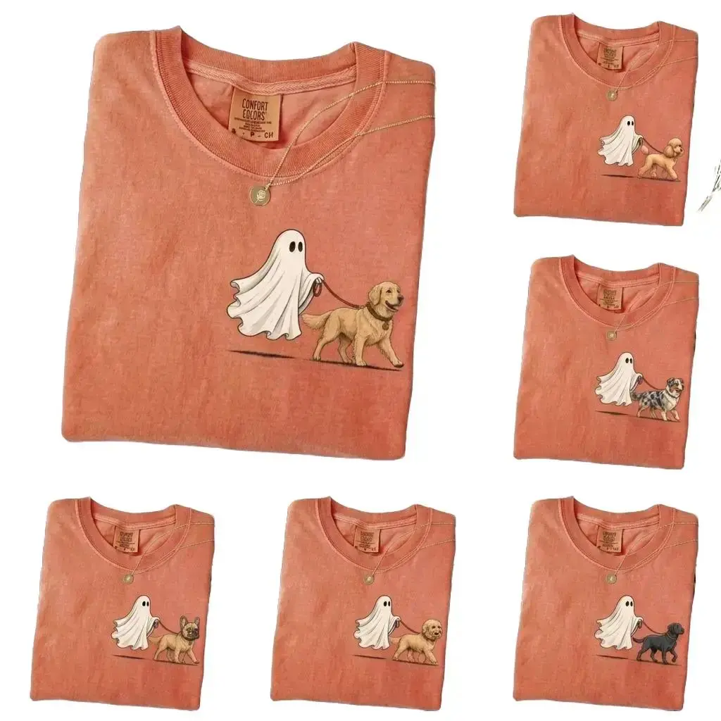 Comfort Color Ghost Walking Dog Halloween Shirt Cute Personalized Pet Ghost Tee Funny Halloween Dog Lover Shirt 50 Dog Breeds Available Spooky Unisex Gift