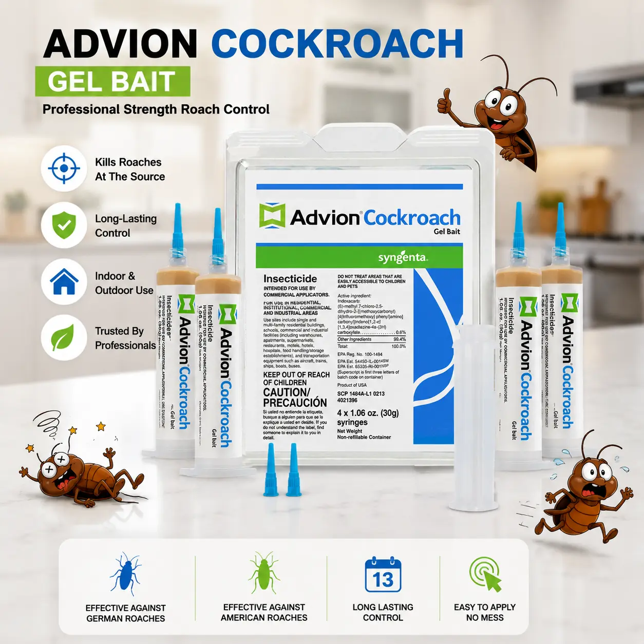 Advion Cockroach Gel Bait - 4 Tubes (30g Each), 1 Plunger, 2 Tips, Indoor-Outdoor Pest Control for American, German & Major Cockroach Species