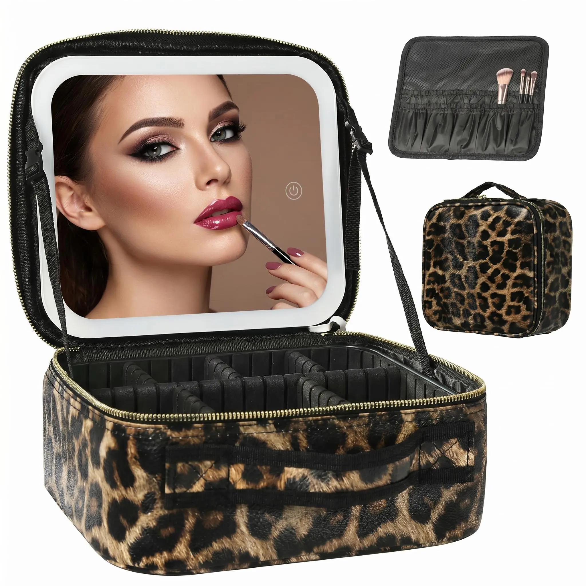 Leopard LED Mirror Makeup Bag - 3 Color Light Modes, Compact Portable Cosmetic Organiser with Adjustable Dividers, Large Capacity Storage Case for Travel & Home, Gift for Her