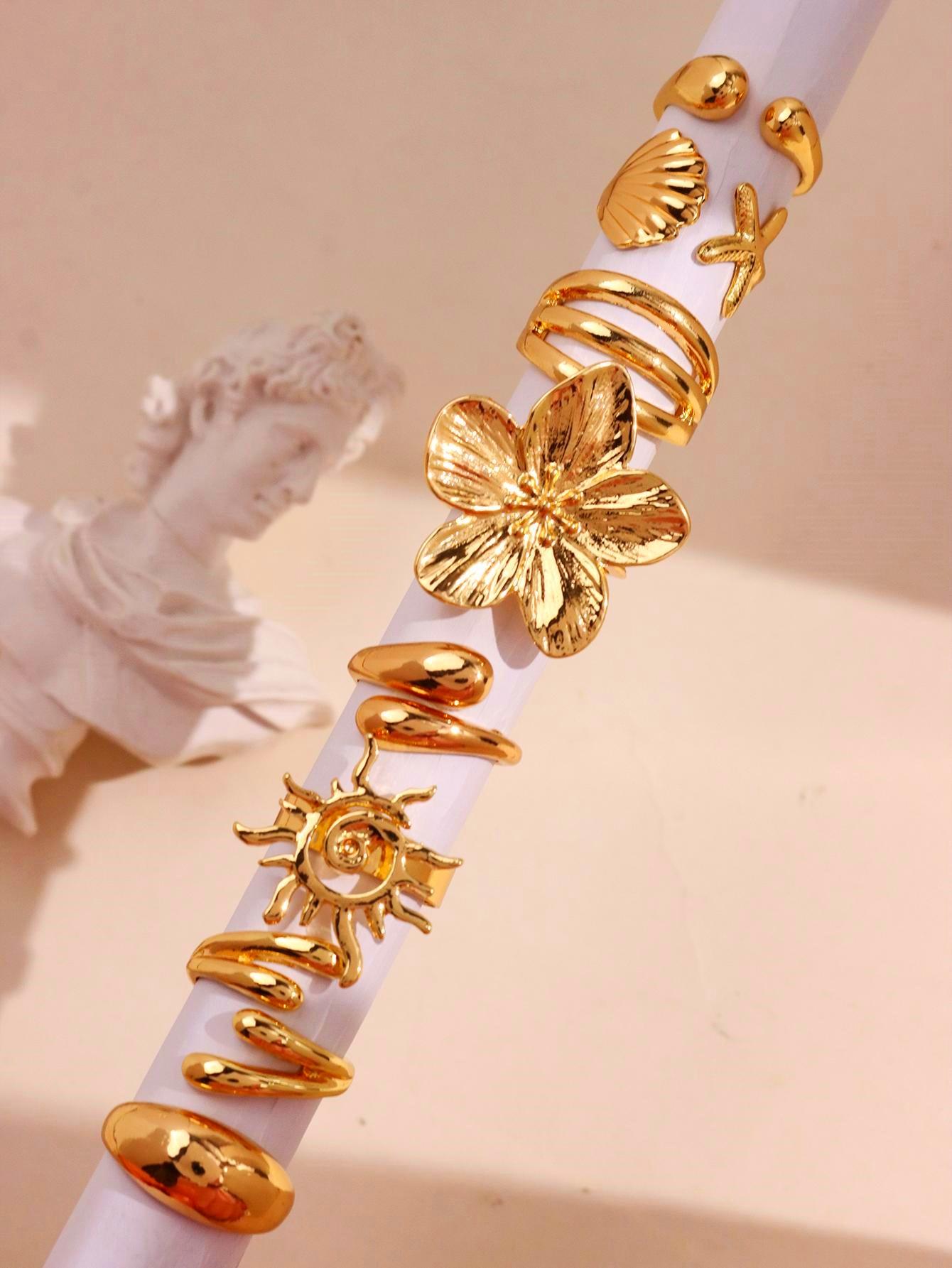 8-piece set: fashionable, bold, unique, high-end, elegant, refined, sparkling, chic, versatile, luxurious jewelry set featuring sunflower and seashell motifs with irregular geometric cutout designs—rings for women’s everyday wear, holiday parties, and sum