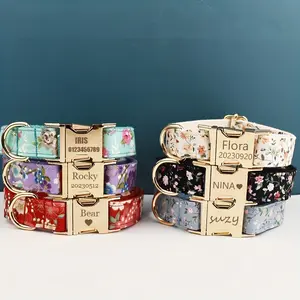 Custom Floral Bow Pet Collar Lead Rope Adjustable Safety And Quick Release Buckle Breathable Polyester Pet Collar Comfort Safety Dog Collar