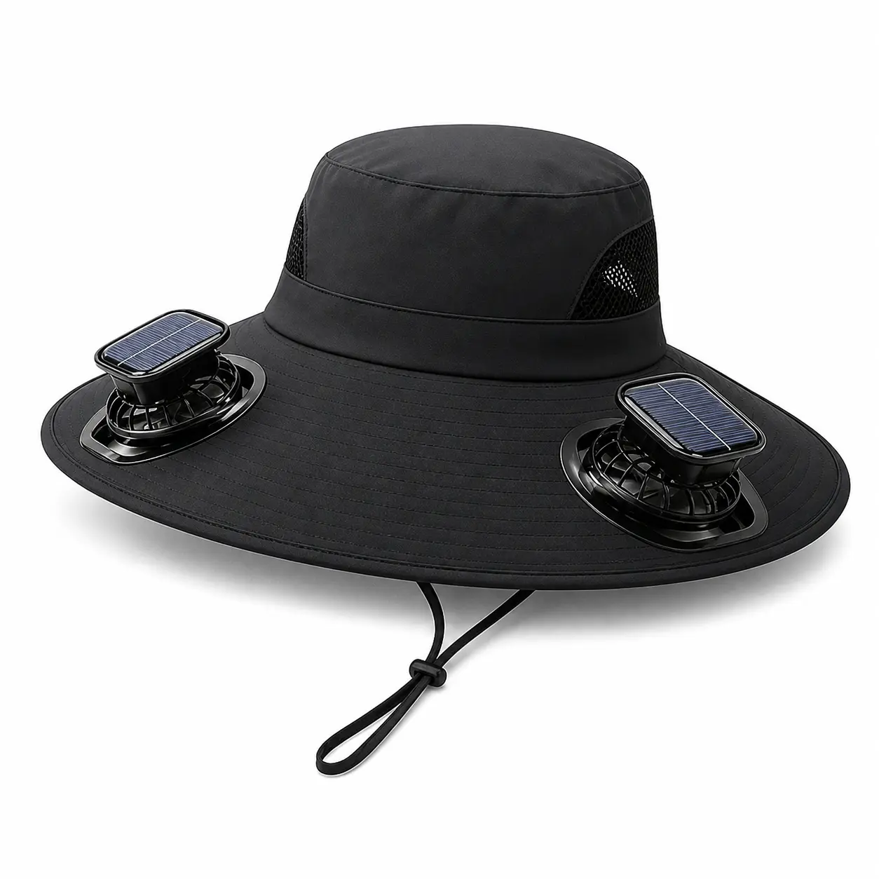 Solar Powered Dual Fan Wide Brim Hat with USB Charging, Black Outdoor Bucket Hat with Mesh Panels and Chin Cord for Fishing, Hiking, Gardening and Camping