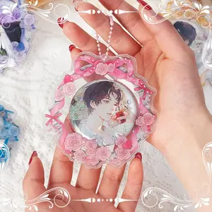 5.8-7.5cm Anime Rose Wreath Badge Holder with Chain Aesthetic Protective Display Case for Badge Pins Displaying Badge Clips Case