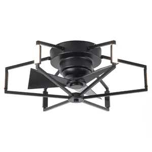 Parrot Uncle 21 Inch Wade Black Industrial Flush Mount LED Ceiling Fan with Integrated Dimmable Light & 6-Speed DC Motor