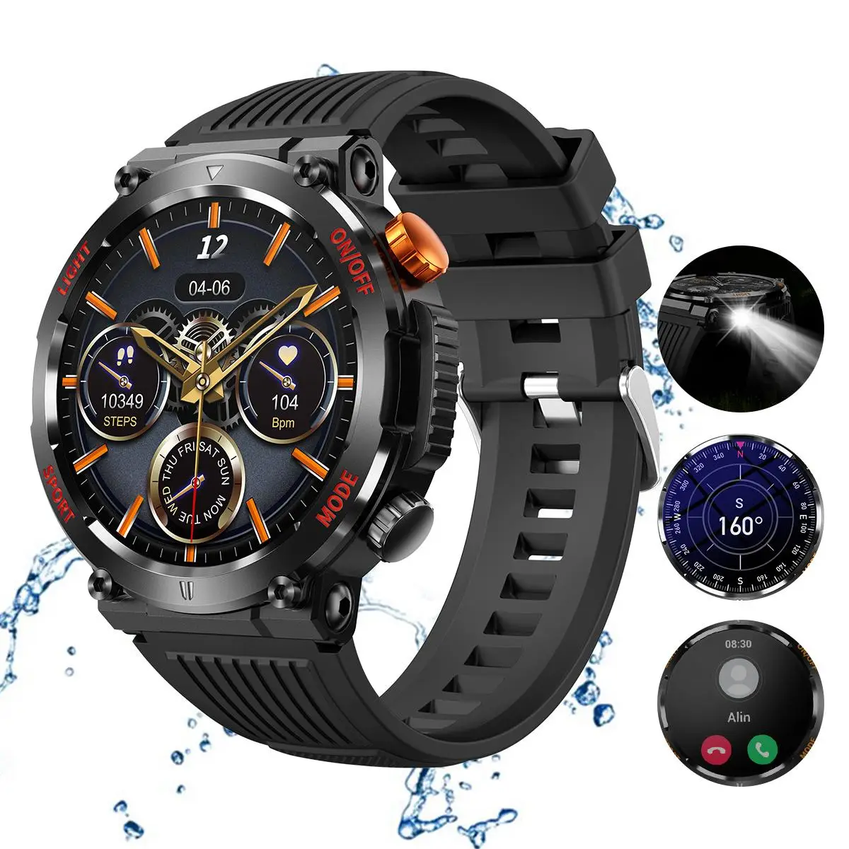 Military Smartwatches (Call Reception/Number Dialing) with LED Flashlight 1.46-inch High-Definition Outdoor Tactical Strong Smart Watch for Sports and