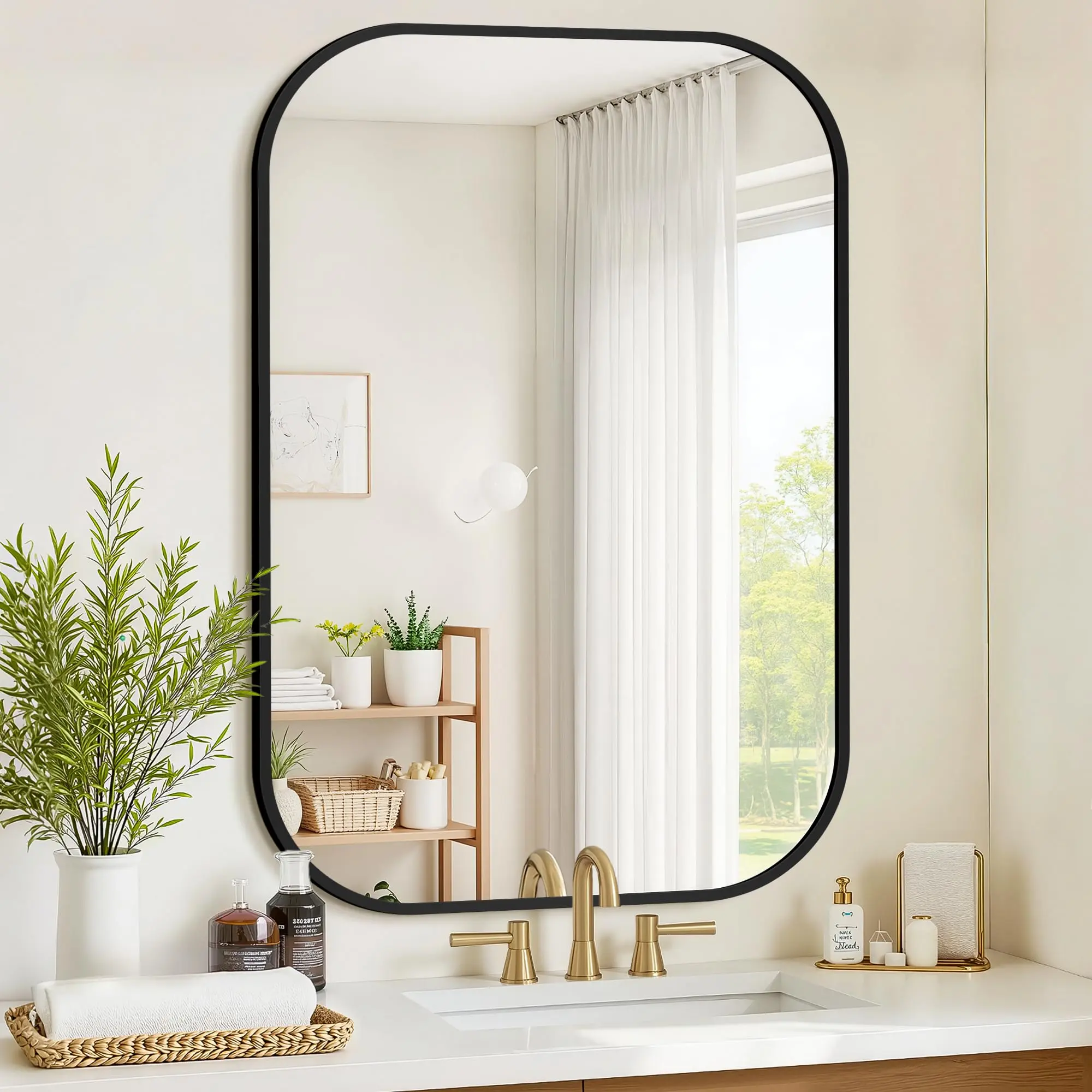 Summerwins Modern Black Metal Linear Rectangle Wall Mirror - 30x48 in, HD Reflection, Shatterproof Option, Durable Wall-Mounted Vanity Aesthetic Accessory for Bathroom Over Sink, Indoor Furniture Decor, Modern Linear Mirror, Wall Hanging